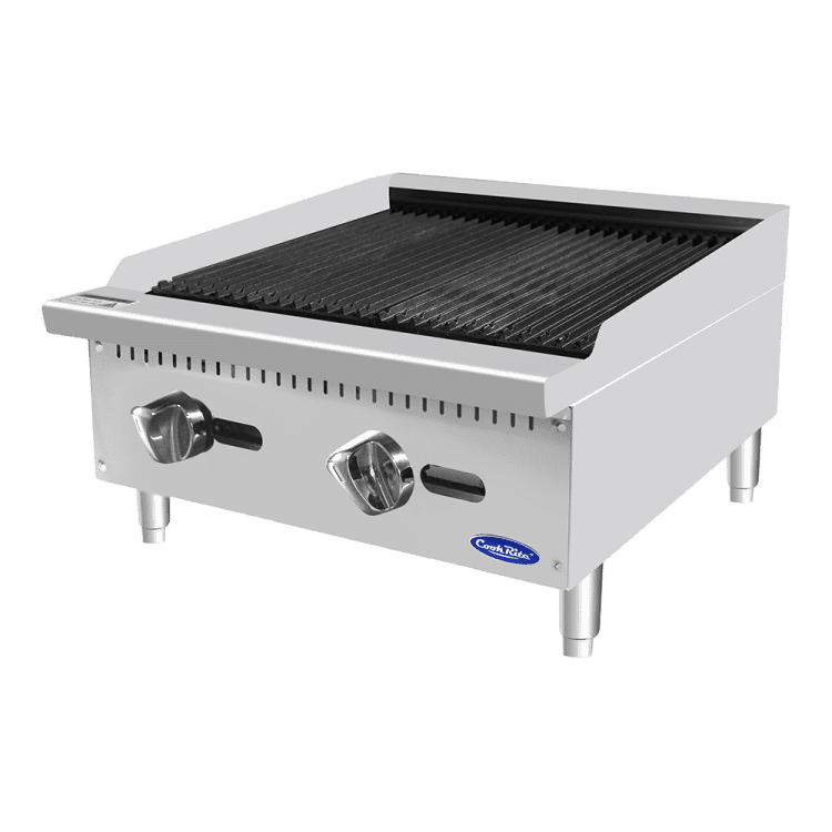 An angled view of CookRite's 24" Char Rock Broiler