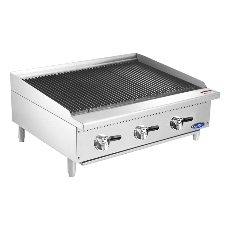 An angled view of CookRite's 36" Char Rock Broiler