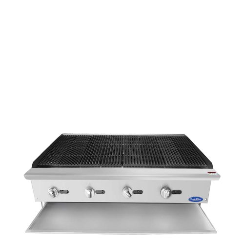 A front view of CookRite's 48 inch char rock broiler with the door open