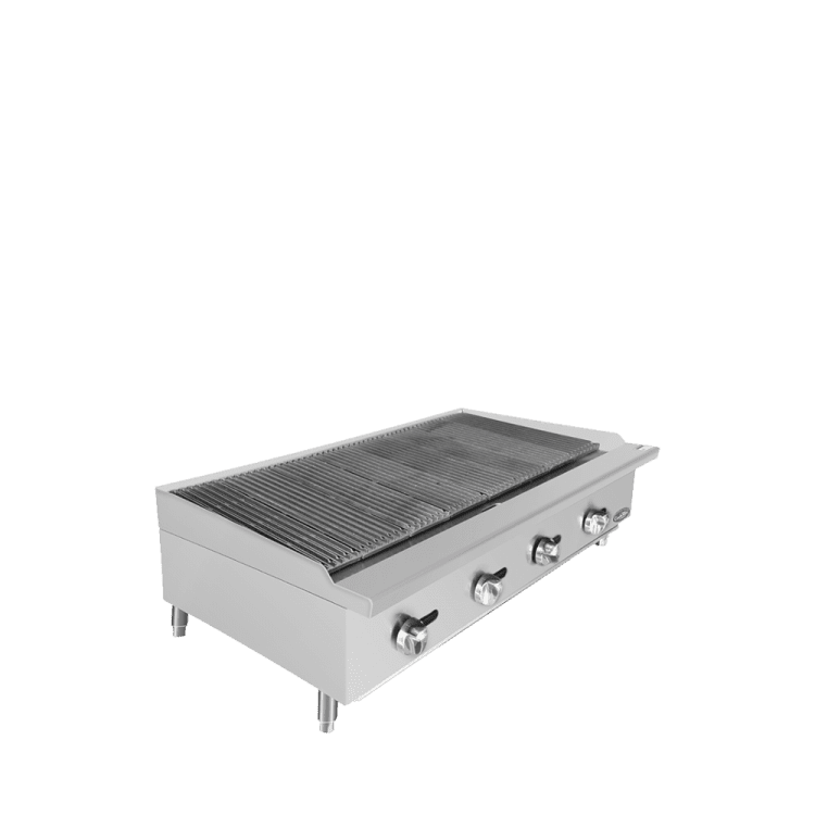 A left side view of Cookrite's 48 inch heavy duty countertop radiant broiler