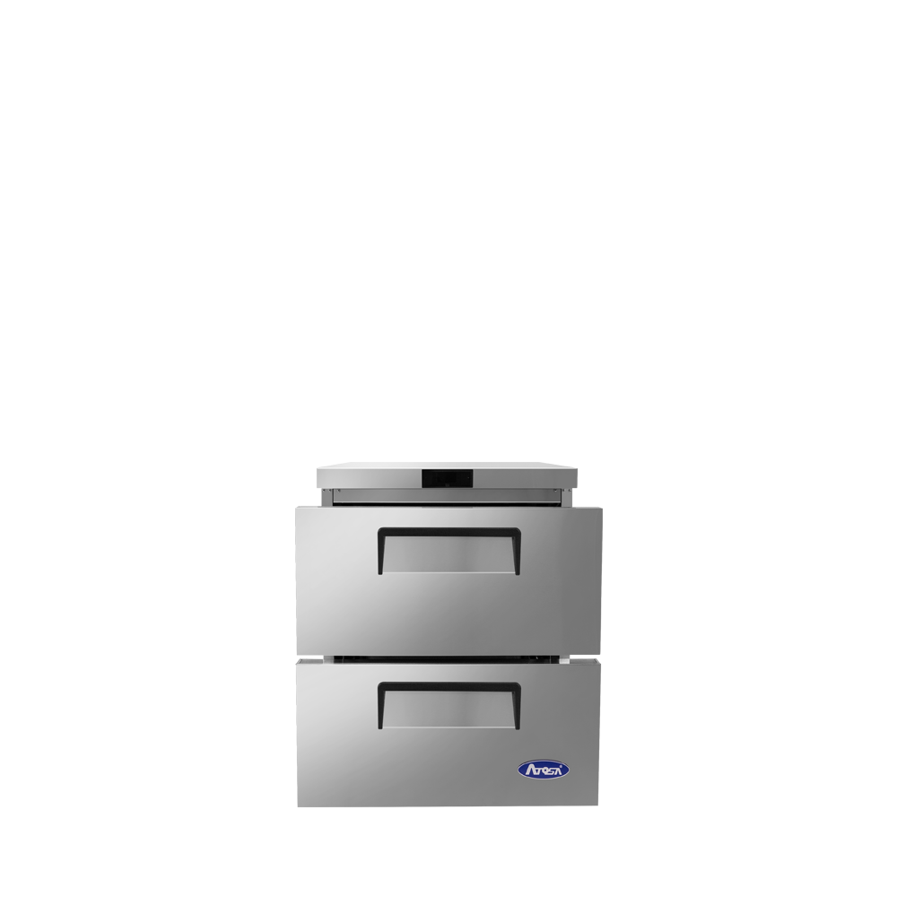 A front view of Atosa's 27 two-drawer undercounter refrigerator with the doors open