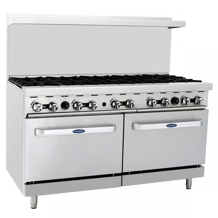 An angled view of CookRite's 60" Gas Range with Ten (10) Open Burners