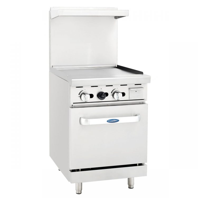 An angled view of CookRite's 24" Gas Range with Griddle Tops
