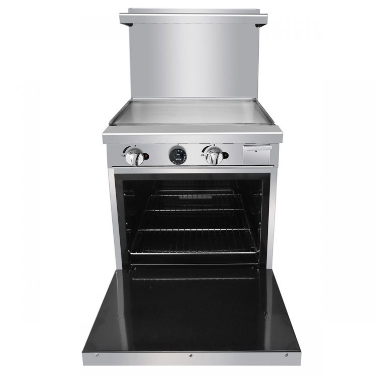 A front view of CookRite's Gas Range with Griddle Tops with the door open