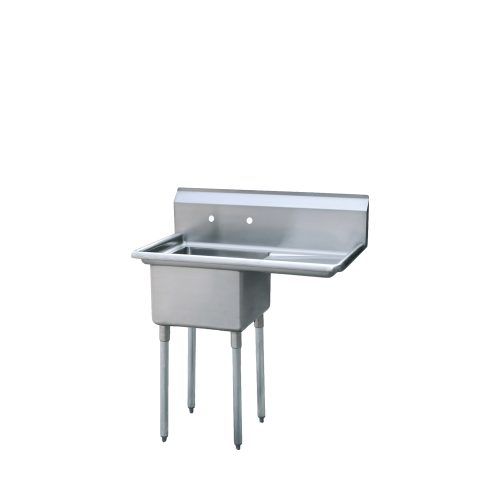 An angled view of MixRite's 18" One Compartment Sink with Right Drain Board