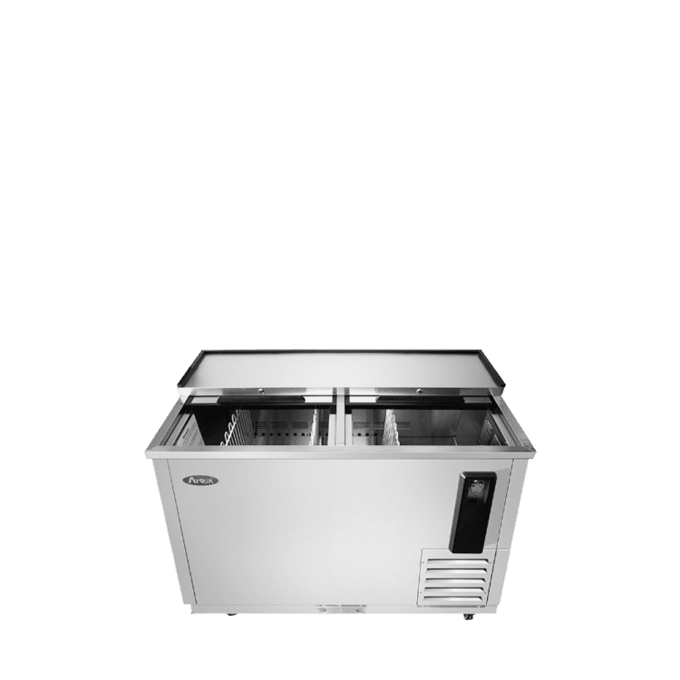 A front view of Atosa's horizontal bottle cooler with the doors open