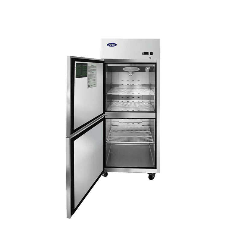 A front view of Atosa's top mount refrigerator with half doors open