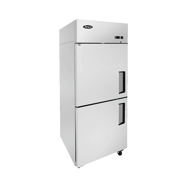 A left side view of Atosa's top mount refrigerator with half doors