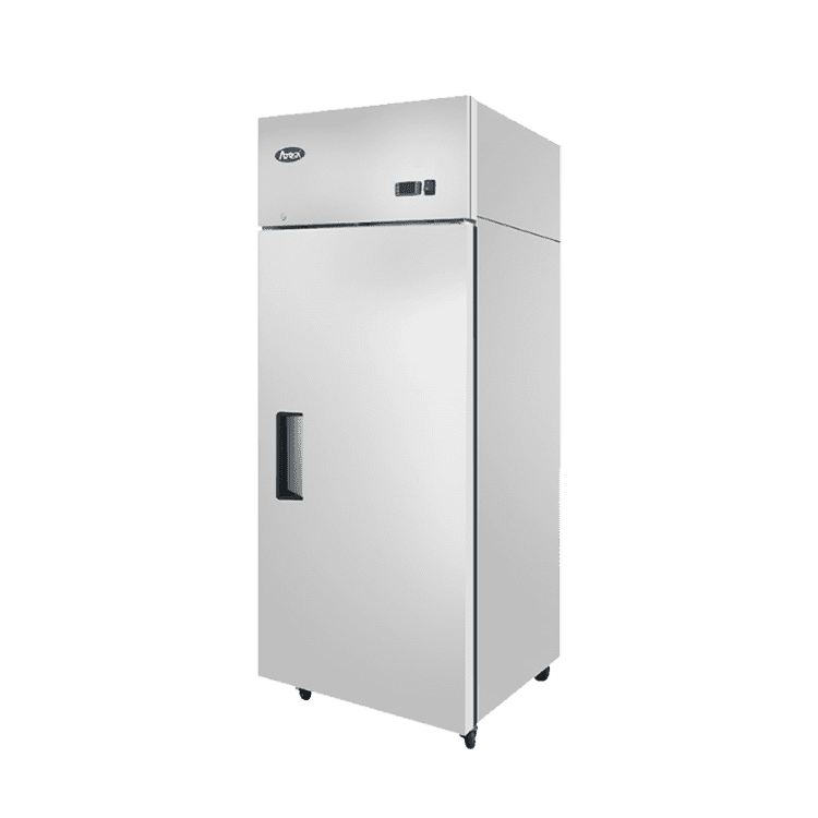 A right side view of Atosa's upright freezer top mount with 1 door