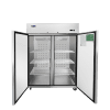 A front view of Atosa's upright freezer top mount with two doors open