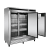 An angled view of Atosa's Bottom Mount Three (3) Door Reach-in Refrigerator with the doors open
