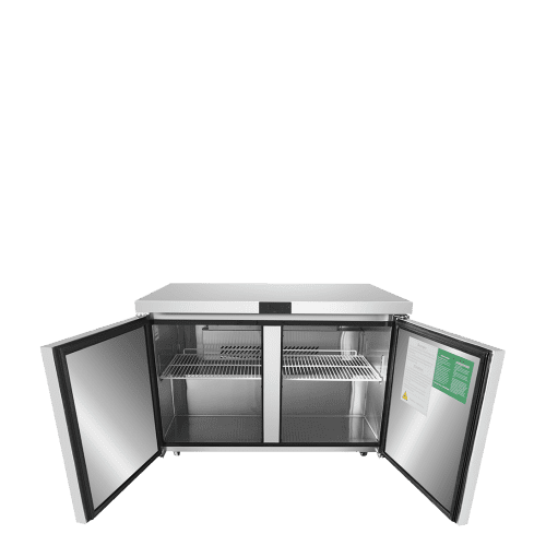 A front view of Atosa's 60" Undercounter Refrigerator with the door open