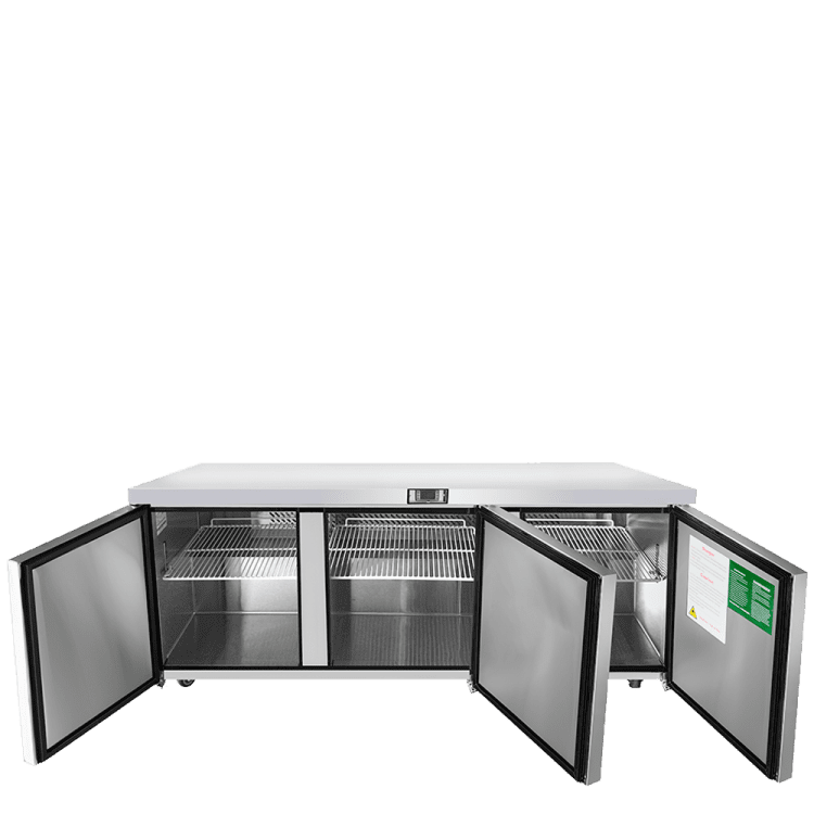 A front view of Atosa's 72" Undercounter Refrigerator with the doors open
