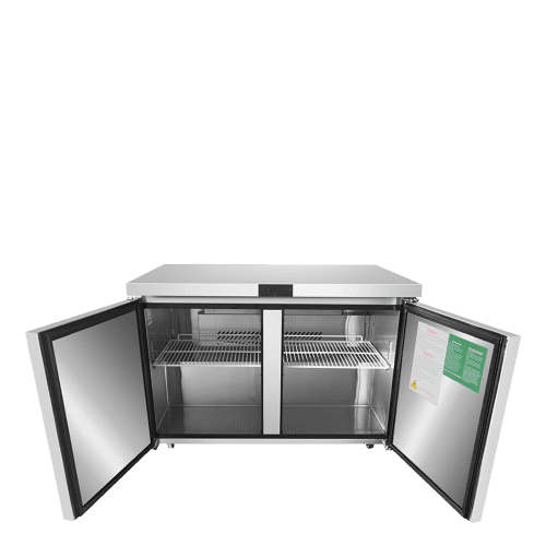 A front view of Atosa's 48" Undercounter Freezer with the doors open