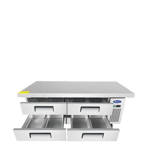 A front view of Atosa's 76" Refrigerated Chef Base, Extended Top with the doors open
