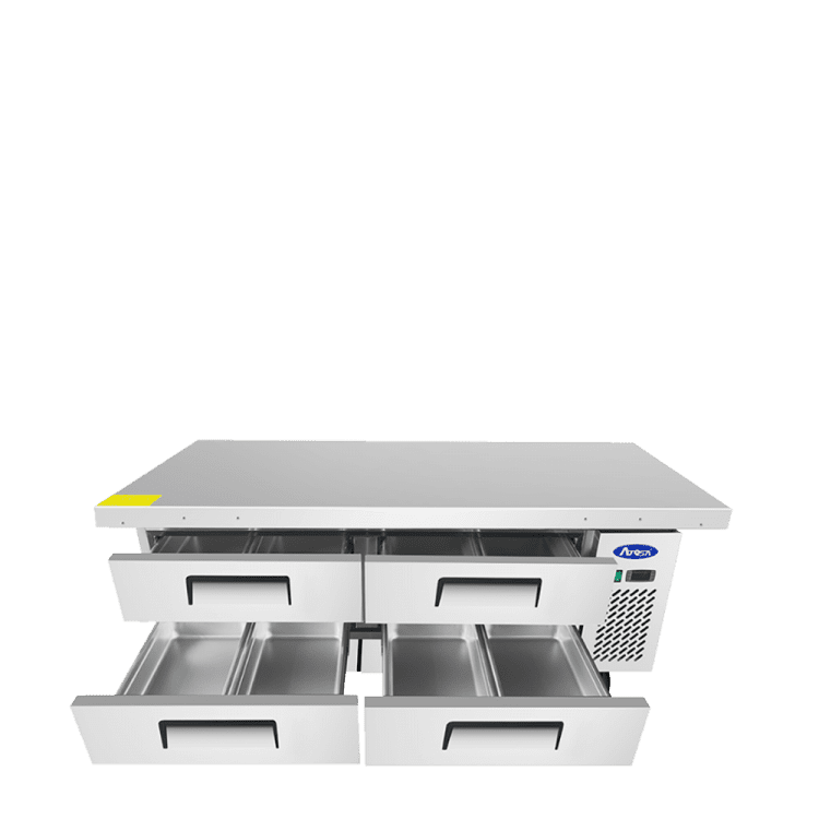 A front view of Atosa's 76" Refrigerated Chef Base, Extended Top with the doors open