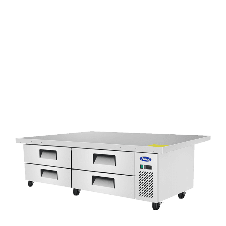 An angled view of Atosa's 76" Refrigerated Chef Base, Extended Top