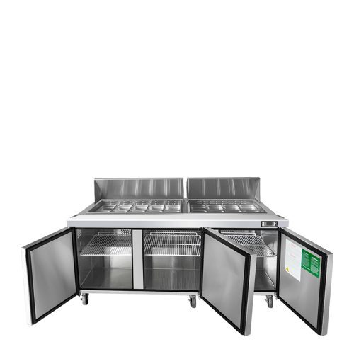 A front view of Atosa's 72" Refrigerated Standard Top Sandwich Prep. Table with doors open