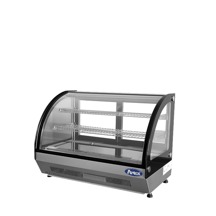An angled view of Atosa's Countertop Refrigerated Curved Display Case (4.6 cu ft)