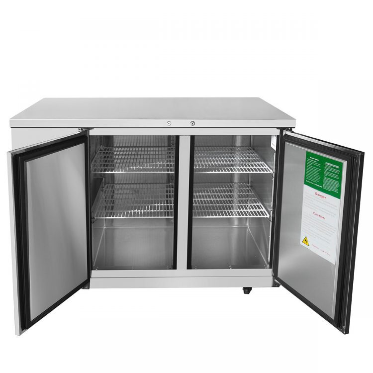A front view of Atosa's 48" Back Bar Cooler with the doors open