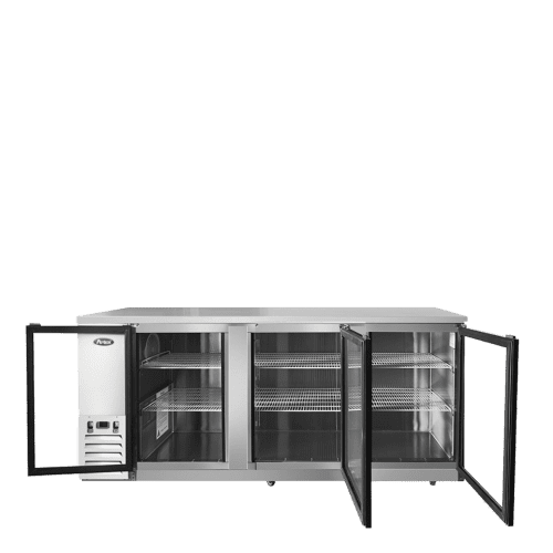 A front view of Atosa's glass door back bar cooler with the doors open