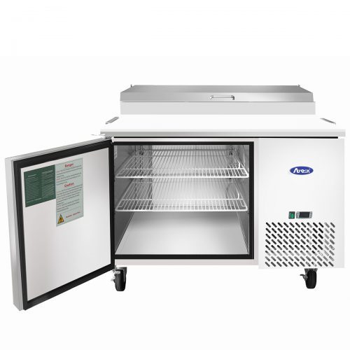 A front view of Atosa's 44" Refrigerated Pizza Prep. Table with the door open