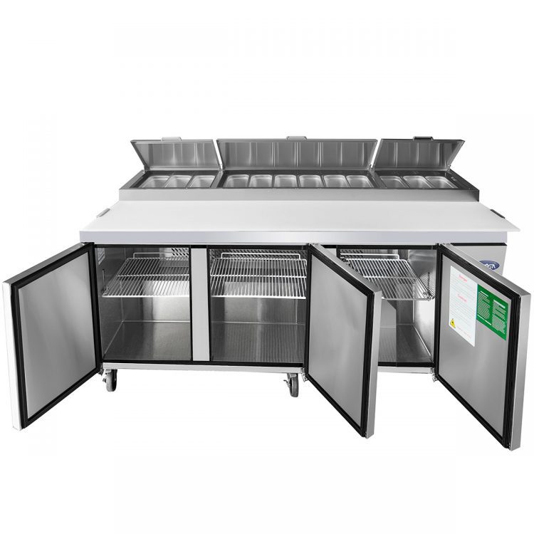 A front view of Atosa's 93" Refrigerated Pizza Prep. Table with the doors open