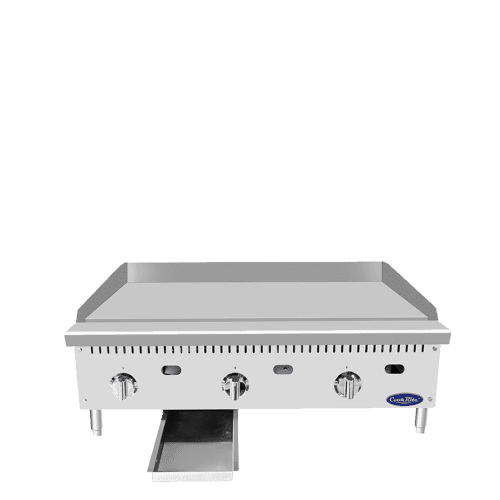 A front view of CookRite's 36" Thermostatic Griddle with 1' Griddle Plate with the door open
