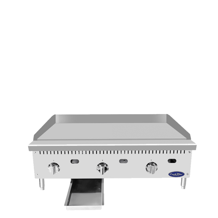 A front view of CookRite's 36" Thermostatic Griddle with 1' Griddle Plate with the door open