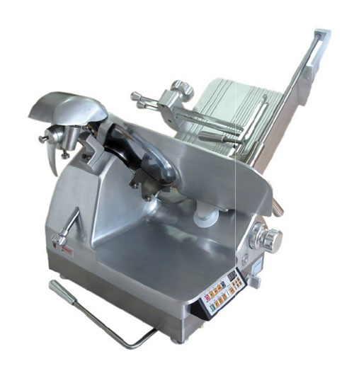 An angled view of PrepPal's 14” Heavy Duty Automatic Slicer
