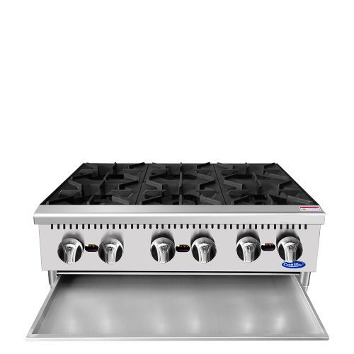 A front view of CookRite's 6 burner hot plate with the door open