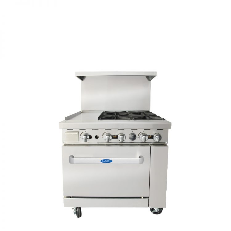 A front view of CookRite's 36 inch combination gas range