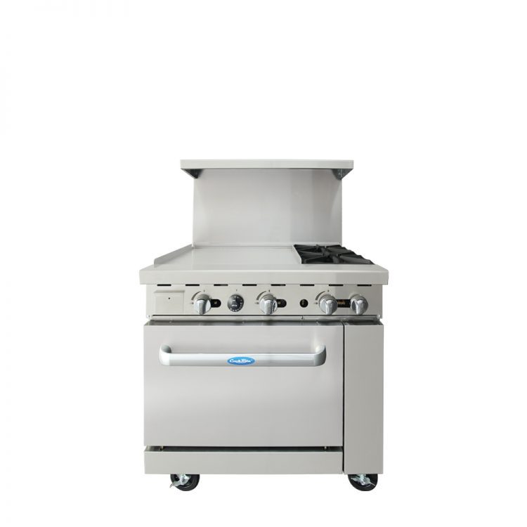 A front view of CookRite's 36" Gas Range with 24" Griddle & Two (2) Open Burners
