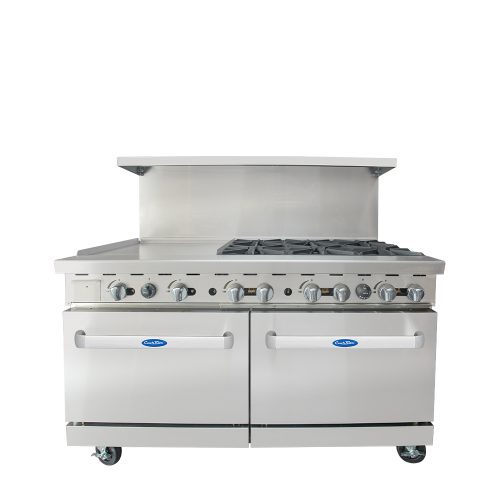 A front view of CookRite's 60" Gas Range with 24" Griddle & Six (6) Open Burners