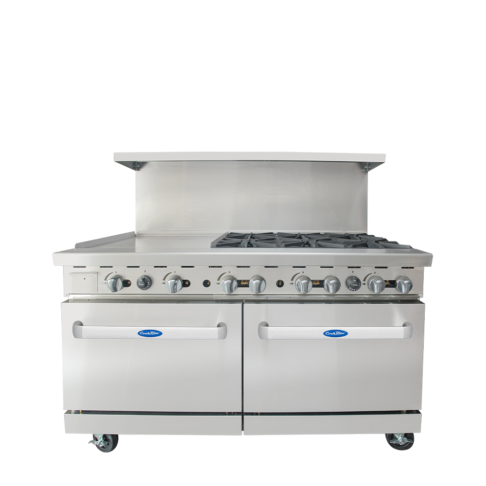 Atosa ATO-24G2B 36” Gas Range. (2) Open Burners and 24” Griddle on the LEFT  with One 26” 1/2 Wide Oven