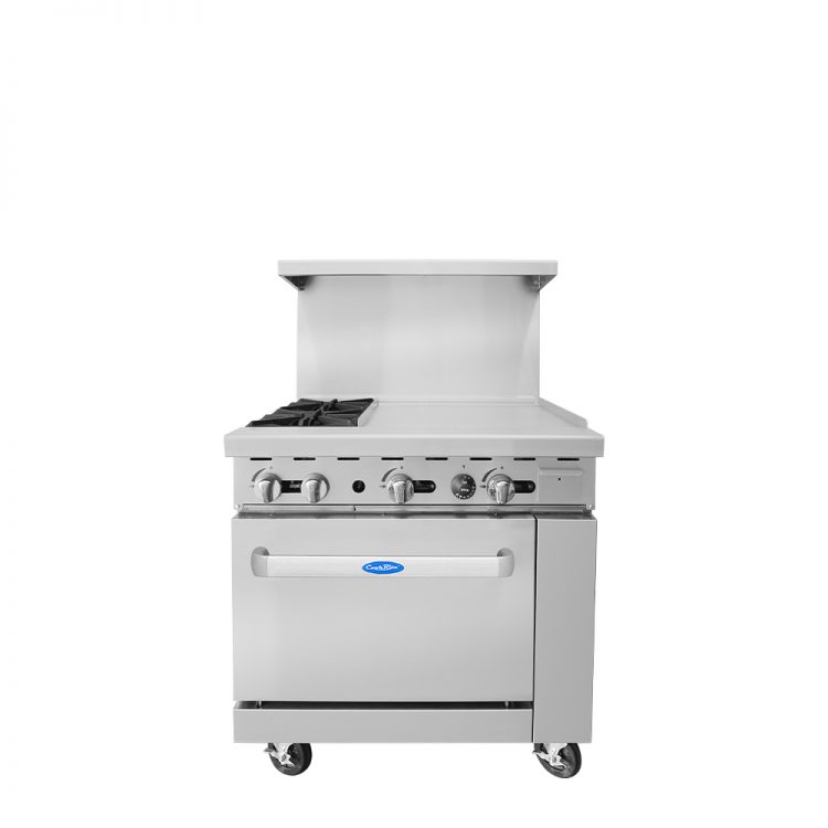 A front view of CookRite's 36 inch combination gas range