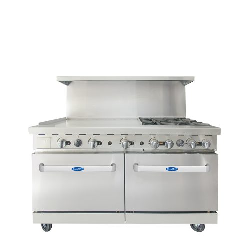 A front view of CookRite's 60" Gas Range with 36" Griddle & Four (4) Open Burners