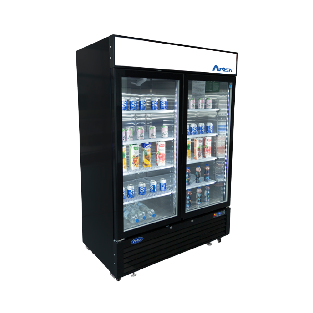 A side view of Atosa's Black Cabinet Two (2) Sliding Glass Door Merchandiser Cooler