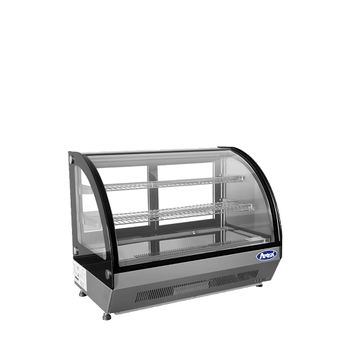 An angled view of Atosa's Countertop Refrigerated Curved Display Case (3.5 cu ft)