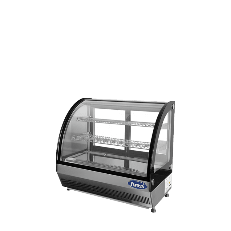 An angled view of Atosa's Countertop Refrigerated Curved Display Case (3.5 cu ft)