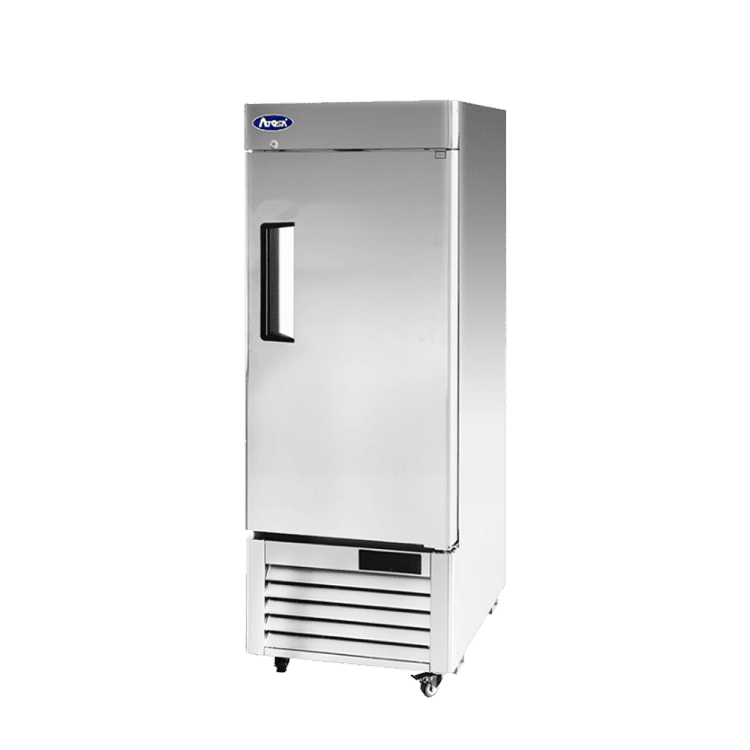 An angled view of Atosa's Bottom Mount One (1) Door Low Height Reach-in Refrigerator