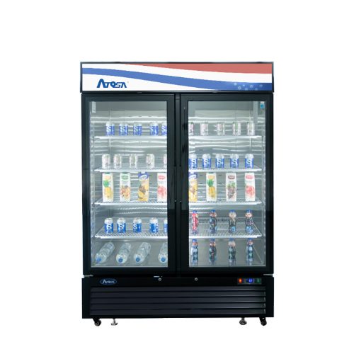 A front view of Atosa's Black Cabinet Two (2) Glass Door Merchandiser Freezer