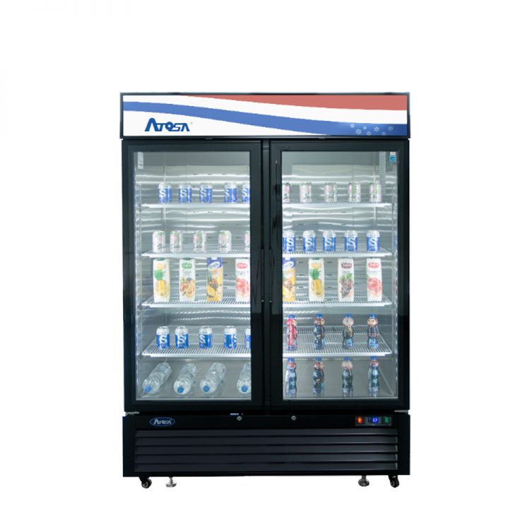 A front view of Atosa's Black Cabinet Two (2) Glass Door Merchandiser Freezer