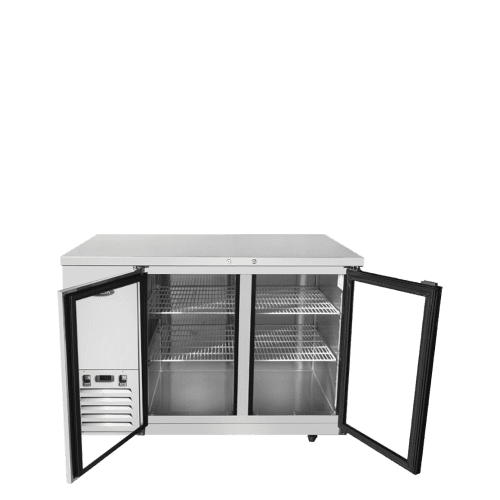 A front view of Atosa's 59" Shallow Depth Back Bar Cooler with Glass Doors with the doors open
