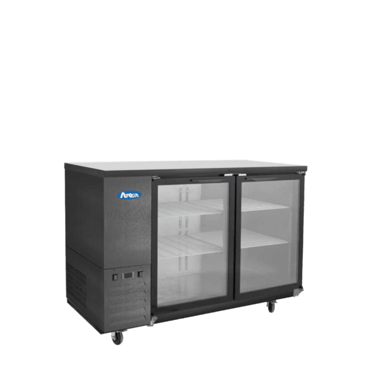 An angled view of Atosa's 59" Black Shallow Depth Back Bar Cooler with Glass Doors