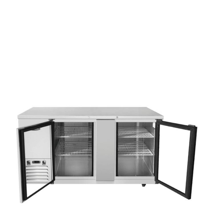 A front view of Atosa's 69" Shallow Depth Back Bar Cooler with Glass Doors with the doors open