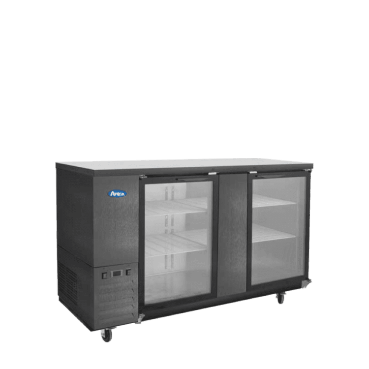 An angled view of Atosa's 69" Black Shallow Depth Back Bar Cooler with Glass Doors