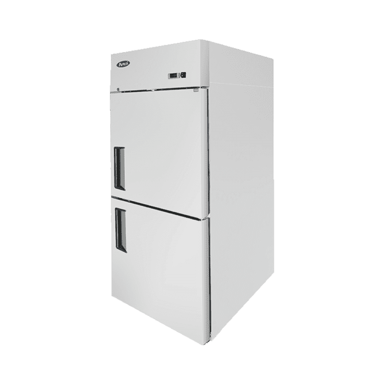 A right side view of Atosa's top mount half door freezer
