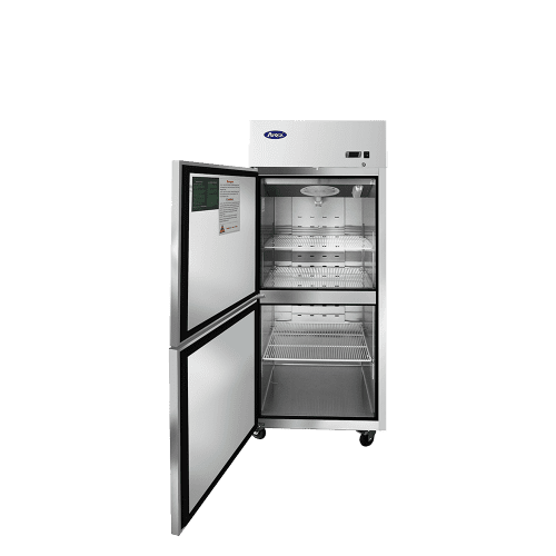 A front view of Atosa's top mount freezer with both half doors open