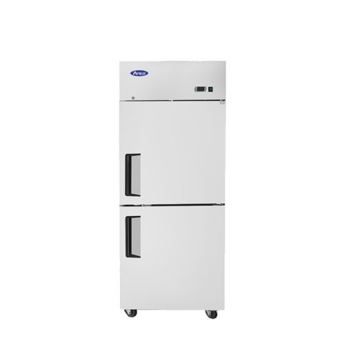 A front view of Atosa's top mount refrigerator with half doors